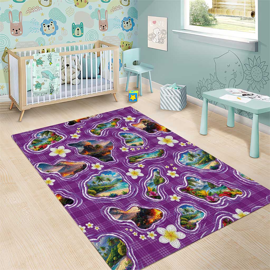 Hawaiian Island Shapes-Iconic Landscape Area Rug with Plumeria and Palaka Purple Color