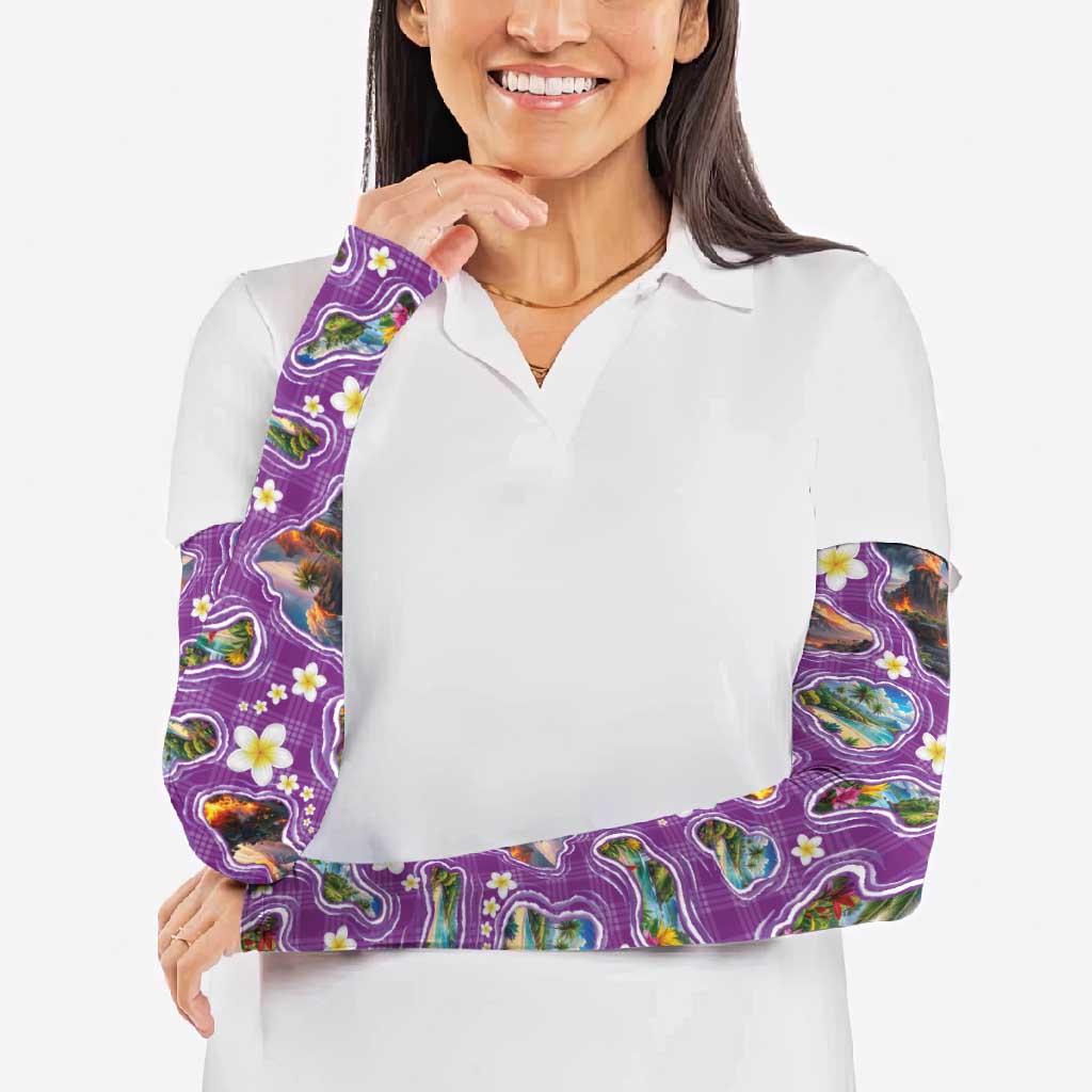 Hawaiian Island Shapes-Iconic Landscape Arm Sleeves with Plumeria and Palaka Purple Color