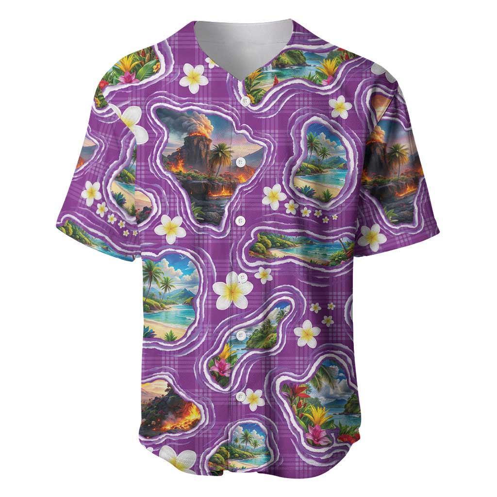 Hawaiian Island Shapes-Iconic Landscape Baseball Jersey with Plumeria and Palaka Purple Color