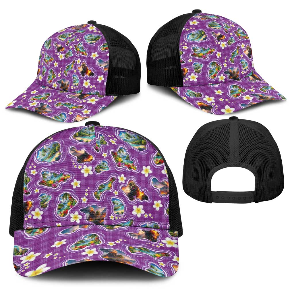 Hawaiian Island Shapes-Iconic Landscape Baseball Net Cap with Plumeria and Palaka Purple Color