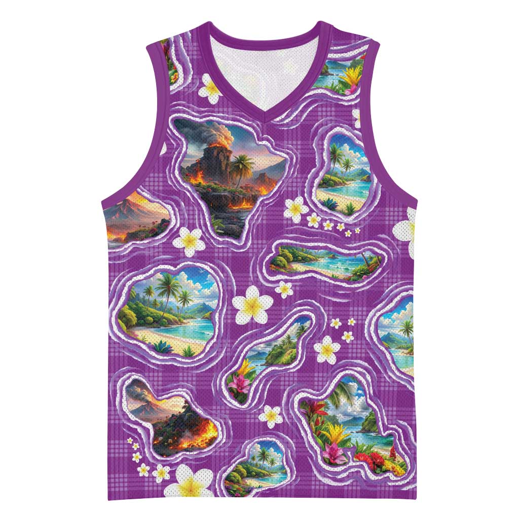 Hawaiian Island Shapes-Iconic Landscape Basketball Jersey with Plumeria and Palaka Purple Color