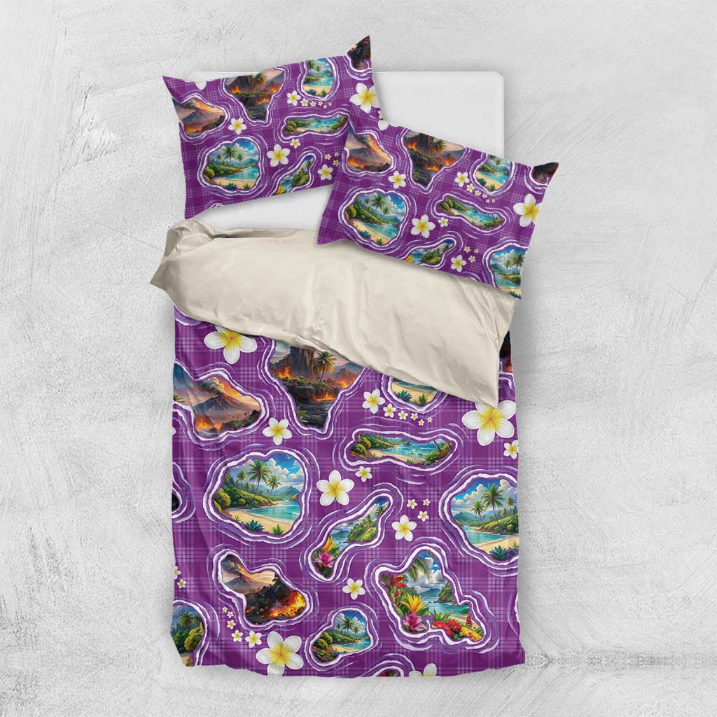 Hawaiian Island Shapes-Iconic Landscape Bedding Set with Plumeria and Palaka Purple Color