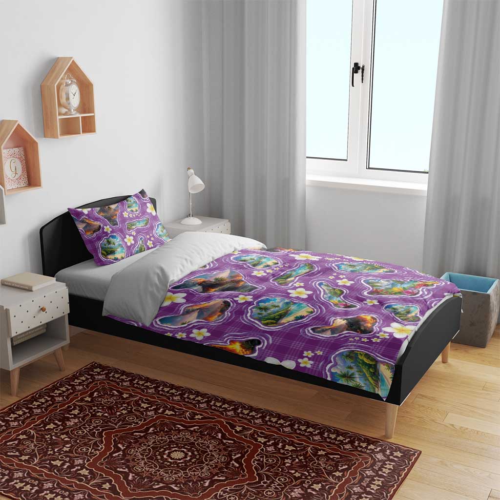 Hawaiian Island Shapes-Iconic Landscape Bedding Set with Plumeria and Palaka Purple Color