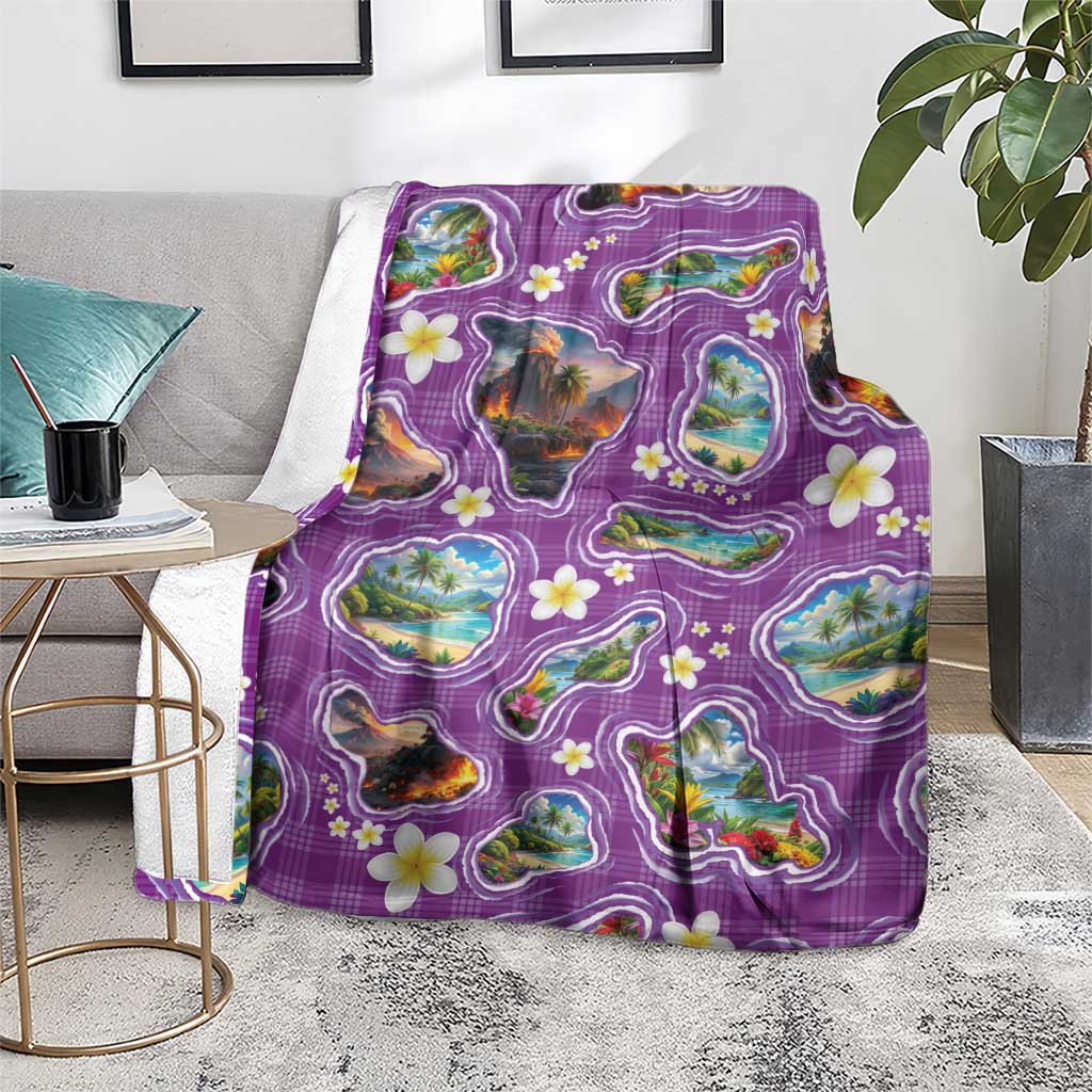 Hawaiian Island Shapes-Iconic Landscape Blanket with Plumeria and Palaka Purple Color