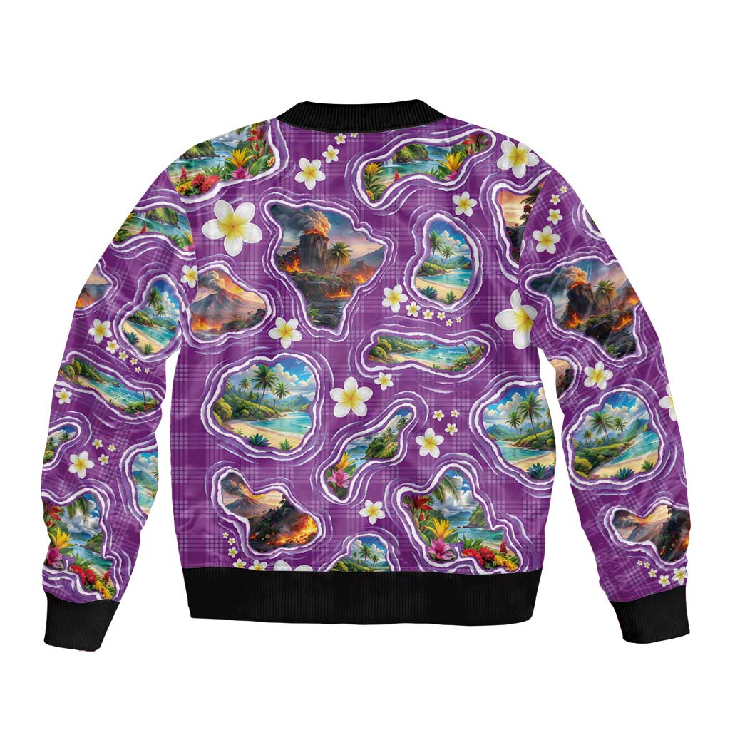 Hawaiian Island Shapes-Iconic Landscape Bomber Jacket with Plumeria and Palaka Purple Color