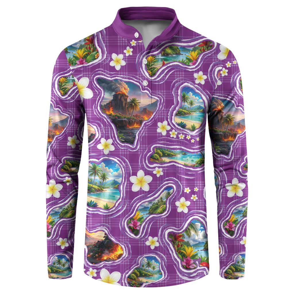 Hawaiian Island Shapes-Iconic Landscape Button Sweatshirt with Plumeria and Palaka Purple Color