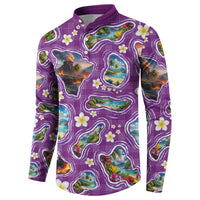 Hawaiian Island Shapes-Iconic Landscape Button Sweatshirt with Plumeria and Palaka Purple Color