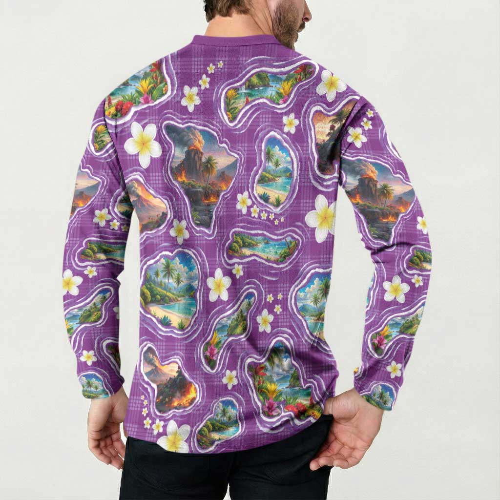 Hawaiian Island Shapes-Iconic Landscape Button Sweatshirt with Plumeria and Palaka Purple Color