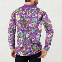 Hawaiian Island Shapes-Iconic Landscape Button Sweatshirt with Plumeria and Palaka Purple Color