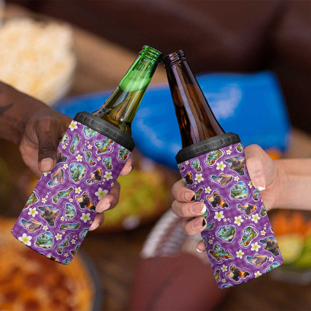 Hawaiian Island Shapes-Iconic Landscape 4 in 1 Can Cooler Tumbler with Plumeria and Palaka Purple Color LT03 - Polynesian Pride