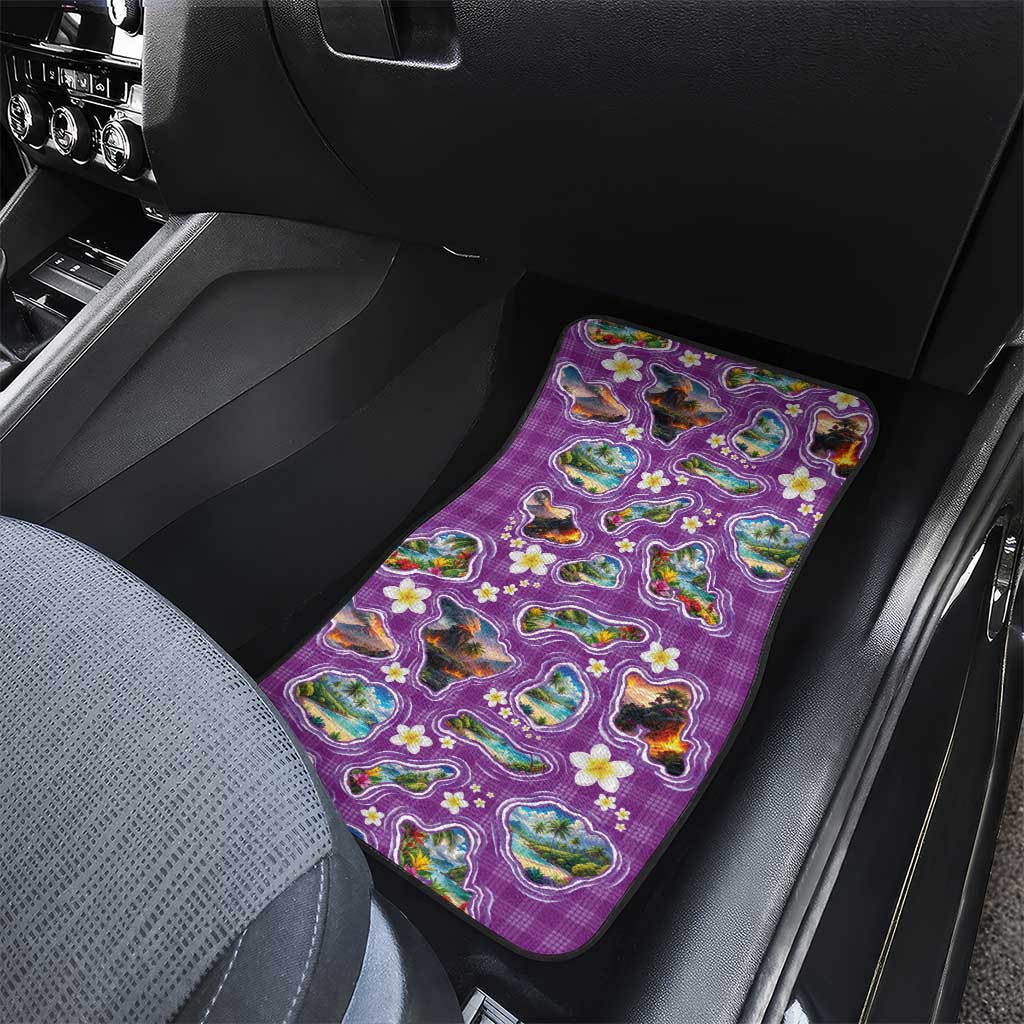 Hawaiian Island Shapes-Iconic Landscape Car Mats with Plumeria and Palaka Purple Color