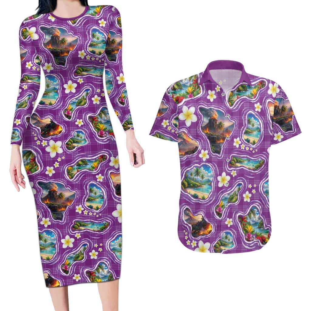 Hawaiian Island Shapes-Iconic Landscape Couples Matching Long Sleeve Bodycon Dress and Hawaiian Shirt with Plumeria and Palaka Purple Color LT03 Purple - Polynesian Pride