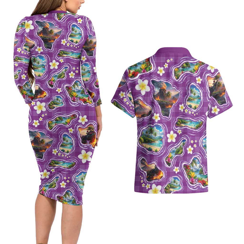 Hawaiian Island Shapes-Iconic Landscape Couples Matching Long Sleeve Bodycon Dress and Hawaiian Shirt with Plumeria and Palaka Purple Color LT03 - Polynesian Pride