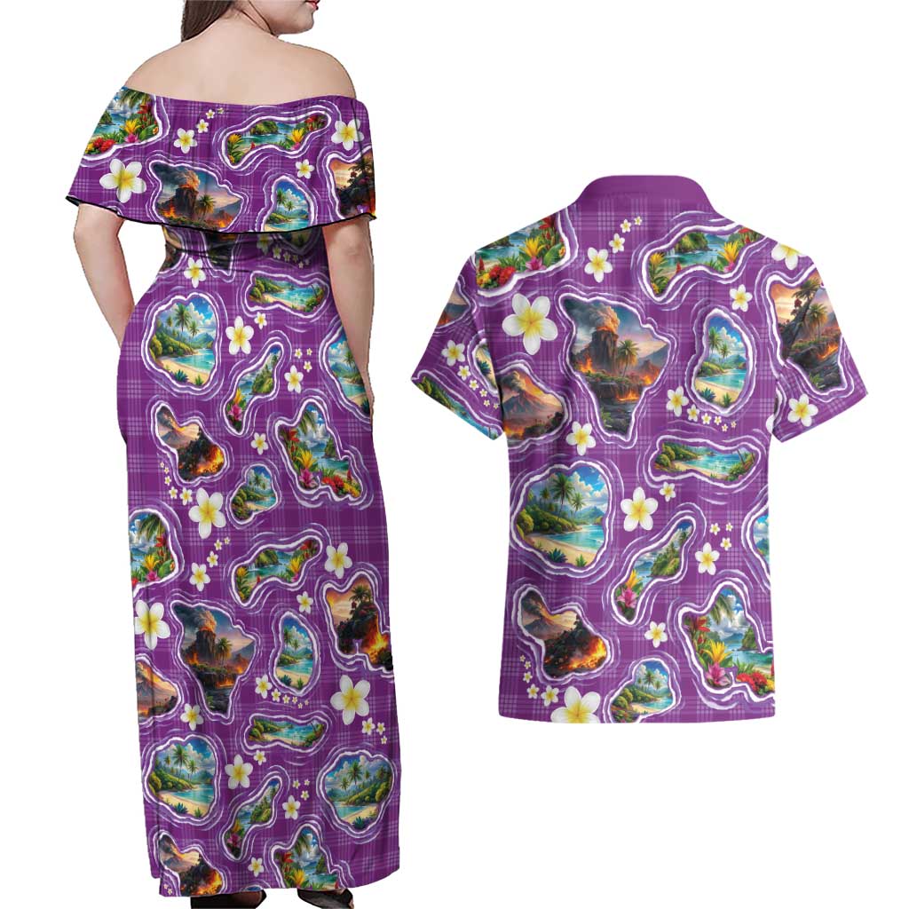 Hawaiian Island Shapes-Iconic Landscape Couples Matching Off Shoulder Maxi Dress and Hawaiian Shirt with Plumeria and Palaka Purple Color LT03 - Polynesian Pride