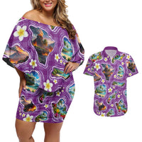 Hawaiian Island Shapes-Iconic Landscape Couples Matching Off Shoulder Short Dress and Hawaiian Shirt with Plumeria and Palaka Purple Color LT03 Purple - Polynesian Pride