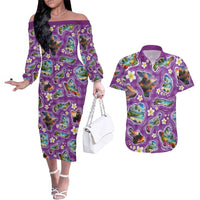 Hawaiian Island Shapes-Iconic Landscape Couples Matching Off The Shoulder Long Sleeve Dress and Hawaiian Shirt with Plumeria and Palaka Purple Color LT03 Purple - Polynesian Pride