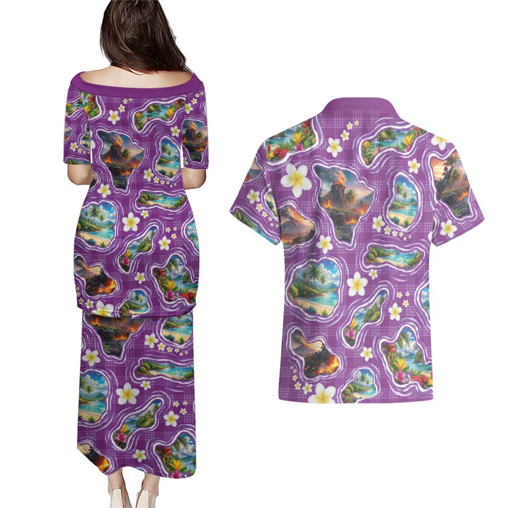 Hawaiian Island Shapes-Iconic Landscape Couples Matching Puletasi and Hawaiian Shirt with Plumeria and Palaka Purple Color LT03 - Polynesian Pride