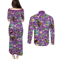 Hawaiian Island Shapes-Iconic Landscape Couples Matching Puletasi and Long Sleeve Button Shirt with Plumeria and Palaka Purple Color LT03 - Polynesian Pride
