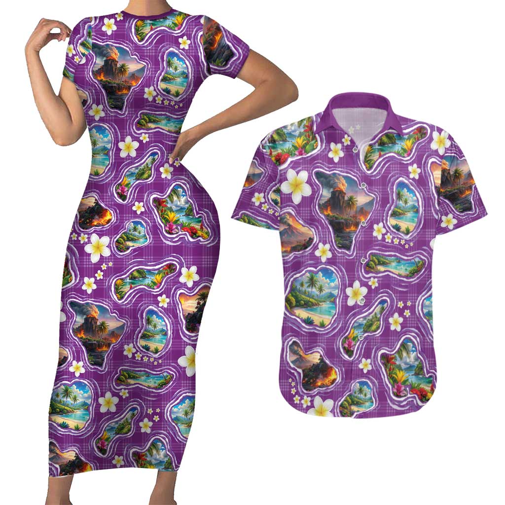Hawaiian Island Shapes-Iconic Landscape Couples Matching Short Sleeve Bodycon Dress and Hawaiian Shirt with Plumeria and Palaka Purple Color