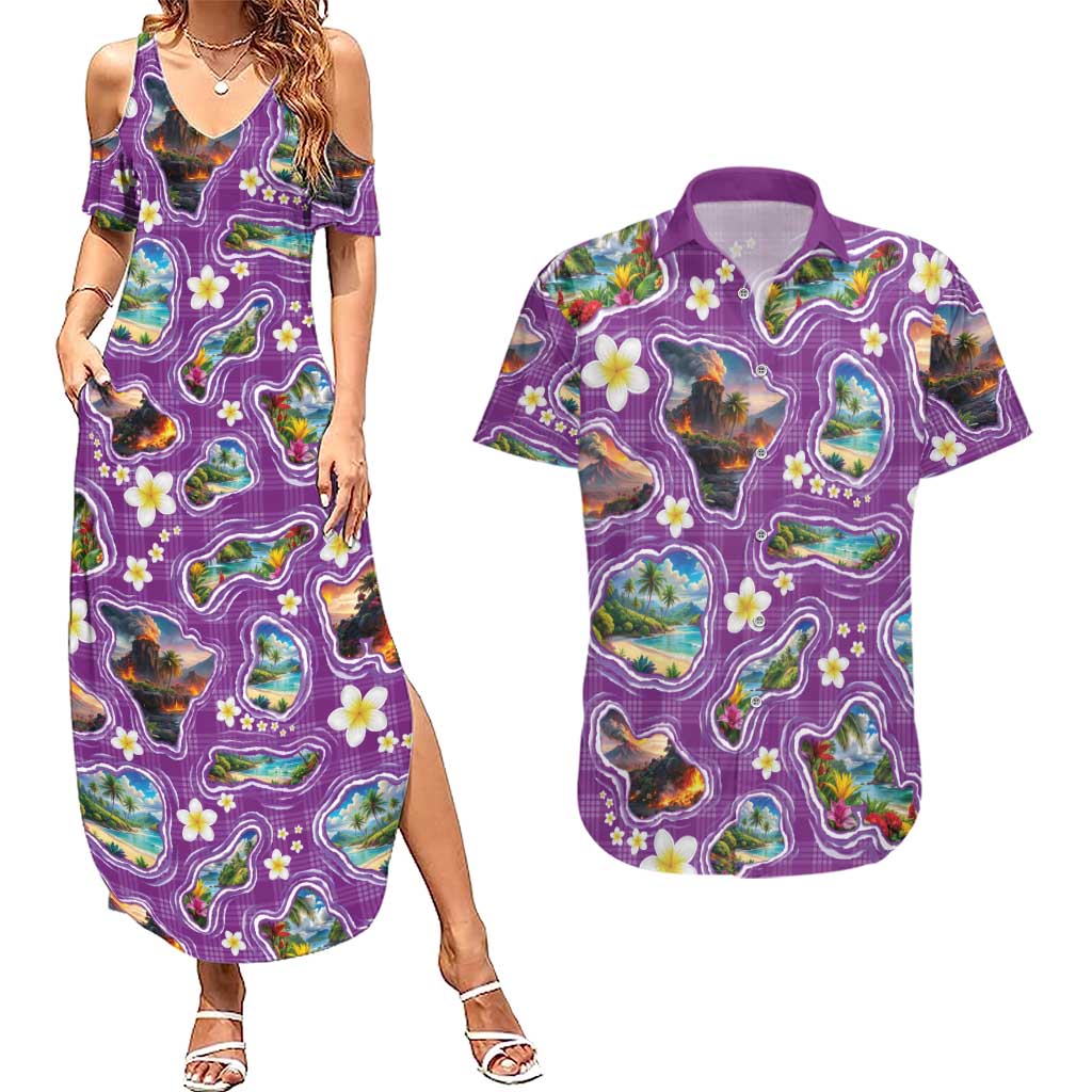 Hawaiian Island Shapes-Iconic Landscape Couples Matching Summer Maxi Dress and Hawaiian Shirt with Plumeria and Palaka Purple Color LT03 Purple - Polynesian Pride