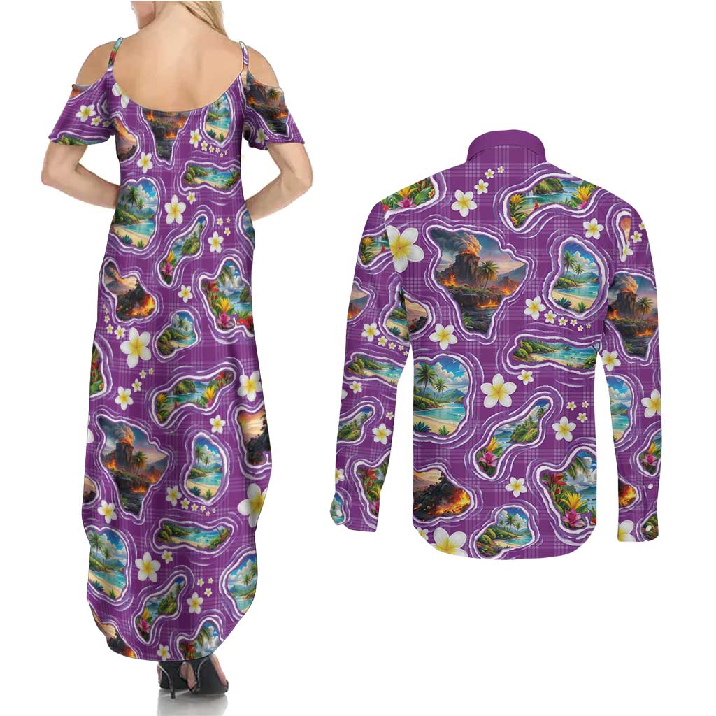 Hawaiian Island Shapes-Iconic Landscape Couples Matching Summer Maxi Dress and Long Sleeve Button Shirt with Plumeria and Palaka Purple Color LT03 - Polynesian Pride
