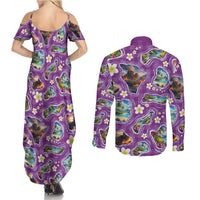 Hawaiian Island Shapes-Iconic Landscape Couples Matching Summer Maxi Dress and Long Sleeve Button Shirt with Plumeria and Palaka Purple Color LT03 - Polynesian Pride