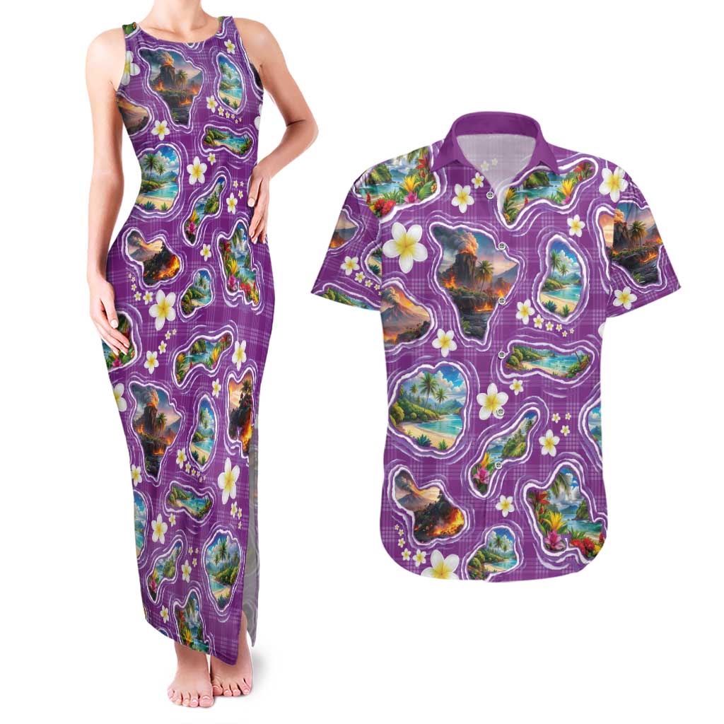 Hawaiian Island Shapes-Iconic Landscape Couples Matching Tank Maxi Dress and Hawaiian Shirt with Plumeria and Palaka Purple Color LT03 Purple - Polynesian Pride