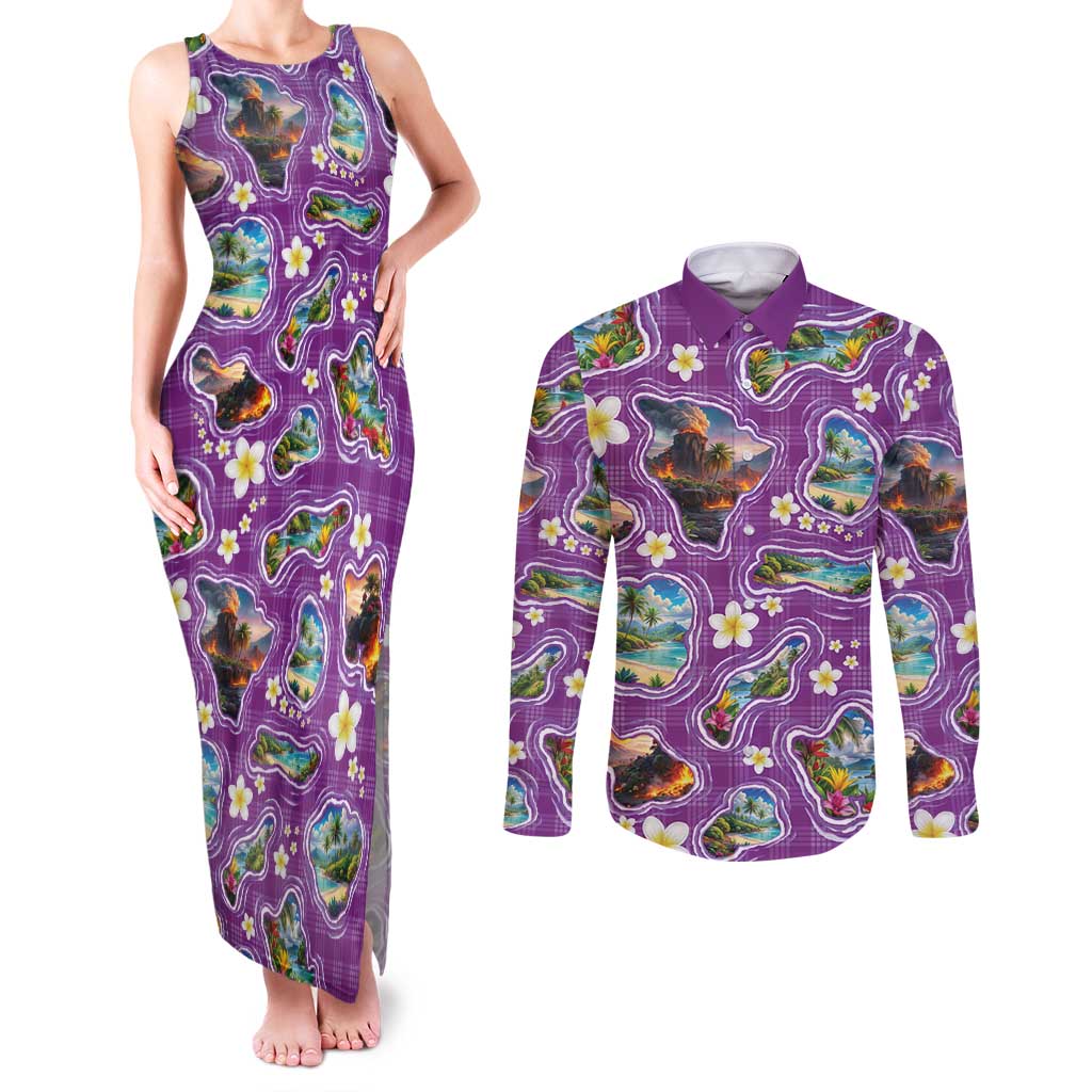 Hawaiian Island Shapes-Iconic Landscape Couples Matching Tank Maxi Dress and Long Sleeve Button Shirt with Plumeria and Palaka Purple Color LT03 Purple - Polynesian Pride