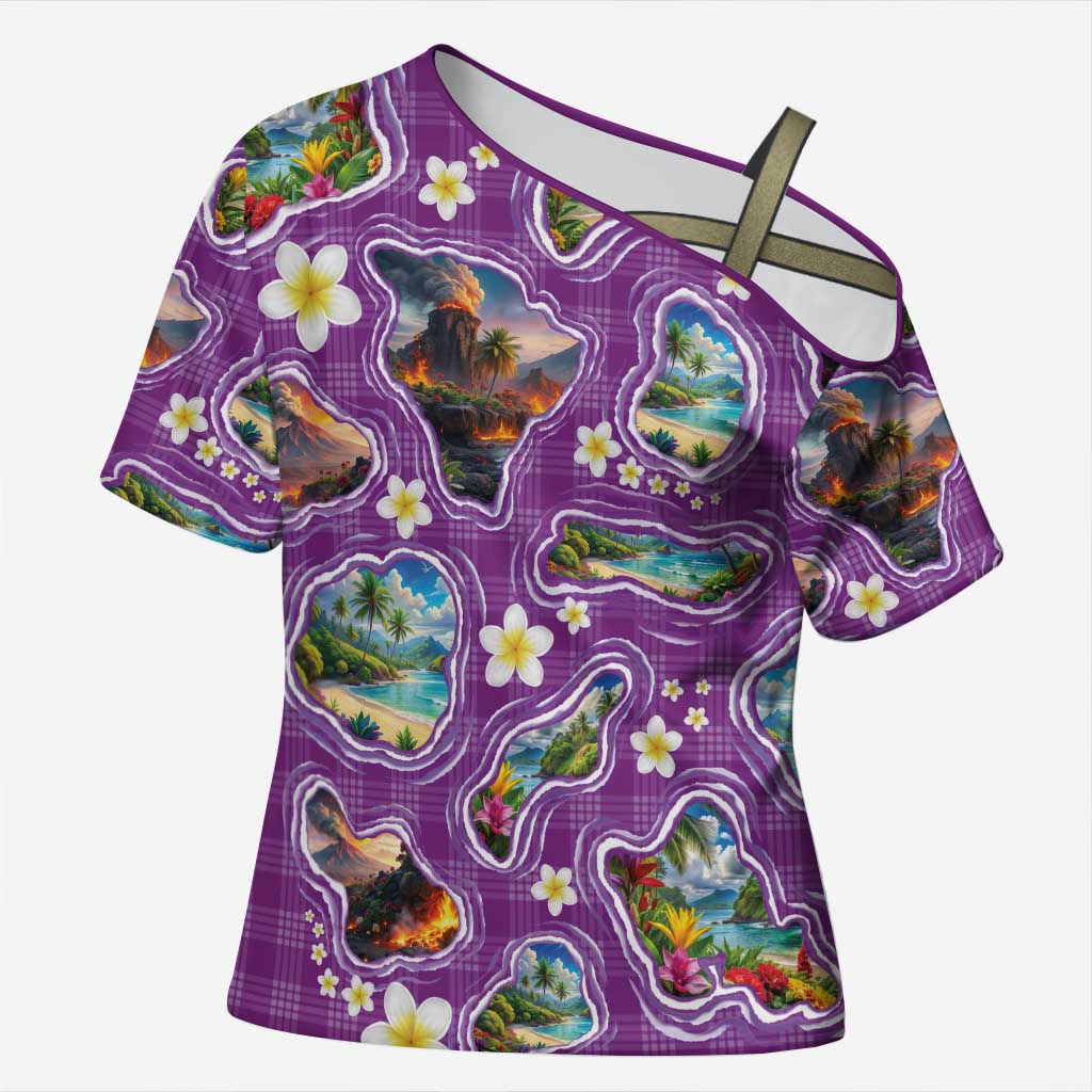 Hawaiian Island Shapes-Iconic Landscape Cross Shoulder Shirt with Plumeria and Palaka Purple Color LT03 Female Purple - Polynesian Pride
