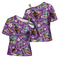 Hawaiian Island Shapes-Iconic Landscape Cross Shoulder Shirt with Plumeria and Palaka Purple Color LT03 - Polynesian Pride