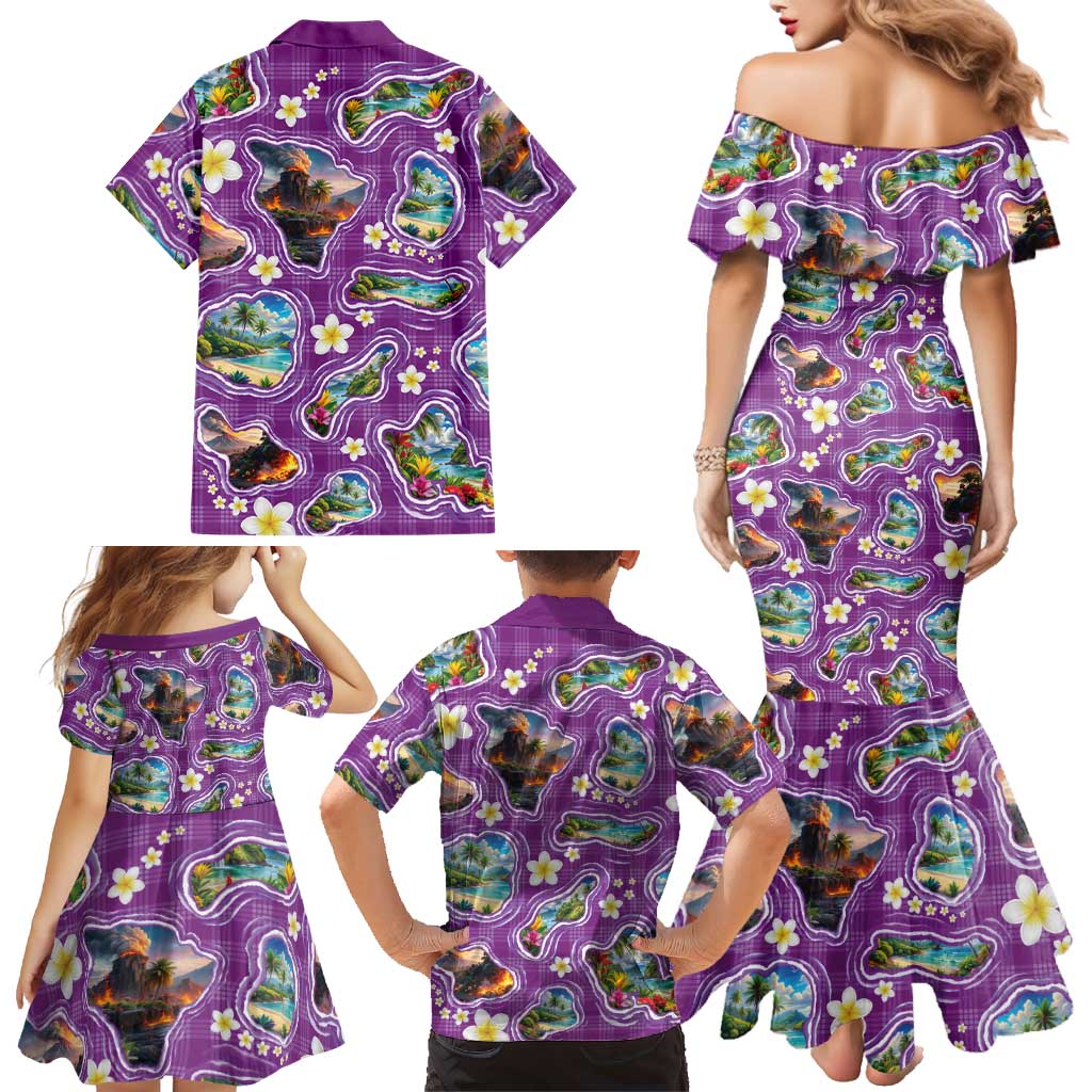 Hawaiian Island Shapes-Iconic Landscape Family Matching Mermaid Dress and Hawaiian Shirt with Plumeria and Palaka Purple Color LT03 - Polynesian Pride