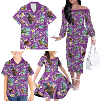 Hawaiian Island Shapes-Iconic Landscape Family Matching Off The Shoulder Long Sleeve Dress and Hawaiian Shirt with Plumeria and Palaka Purple Color LT03 - Polynesian Pride
