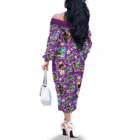 Hawaiian Island Shapes-Iconic Landscape Family Matching Off The Shoulder Long Sleeve Dress and Hawaiian Shirt with Plumeria and Palaka Purple Color LT03 - Polynesian Pride