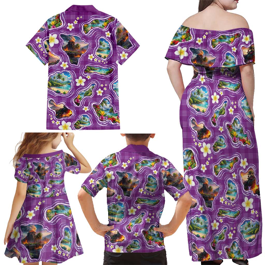 Hawaiian Island Shapes-Iconic Landscape Family Matching Off Shoulder Maxi Dress and Hawaiian Shirt with Plumeria and Palaka Purple Color LT03 - Polynesian Pride