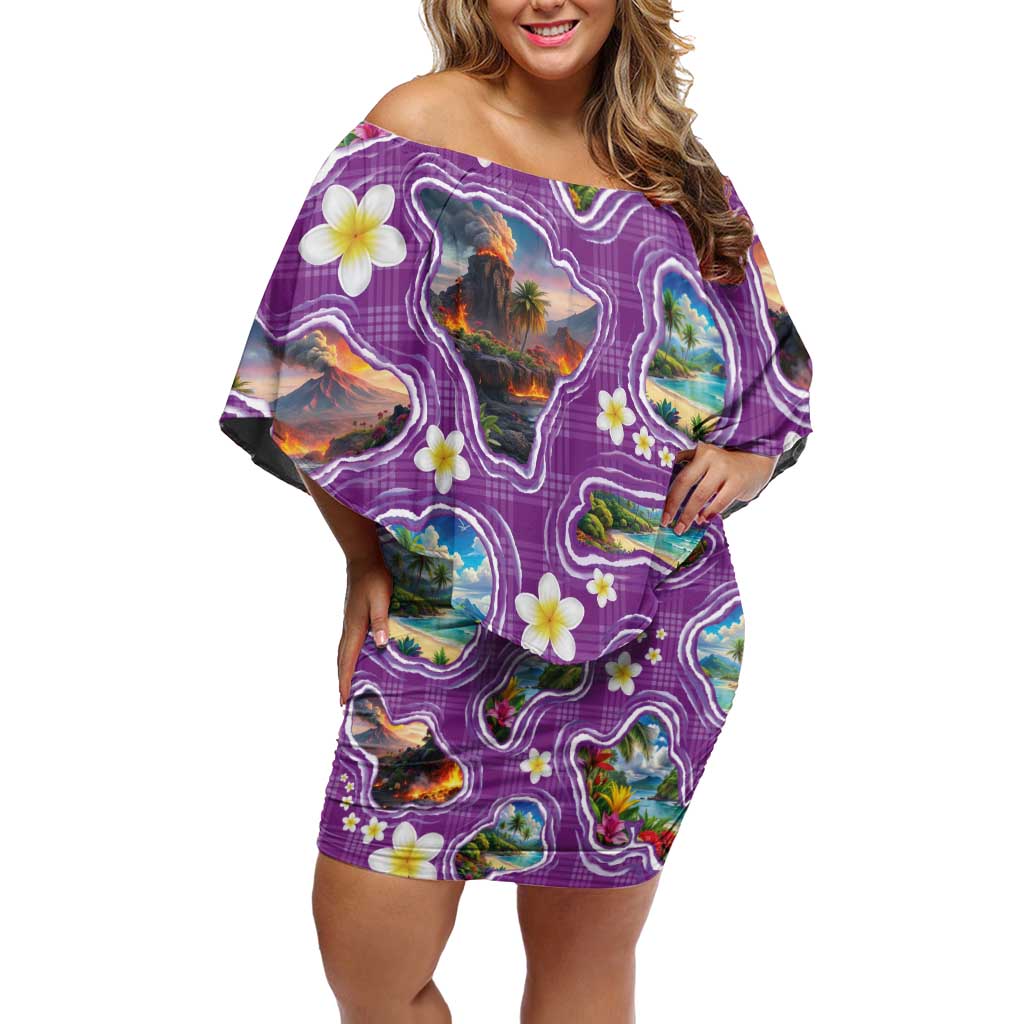 Hawaiian Island Shapes-Iconic Landscape Family Matching Off Shoulder Short Dress and Hawaiian Shirt with Plumeria and Palaka Purple Color LT03 Mom's Dress Purple - Polynesian Pride