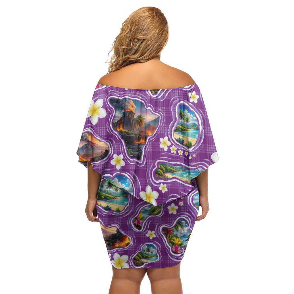 Hawaiian Island Shapes-Iconic Landscape Family Matching Off Shoulder Short Dress and Hawaiian Shirt with Plumeria and Palaka Purple Color LT03 - Polynesian Pride
