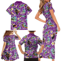 Hawaiian Island Shapes-Iconic Landscape Family Matching Short Sleeve Bodycon Dress and Hawaiian Shirt with Plumeria and Palaka Purple Color LT03 - Polynesian Pride