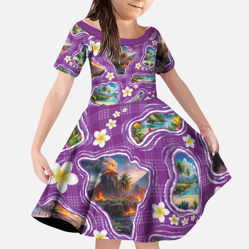 Hawaiian Island Shapes-Iconic Landscape Family Matching Summer Maxi Dress and Hawaiian Shirt with Plumeria and Palaka Purple Color LT03 Daughter's Dress Purple - Polynesian Pride