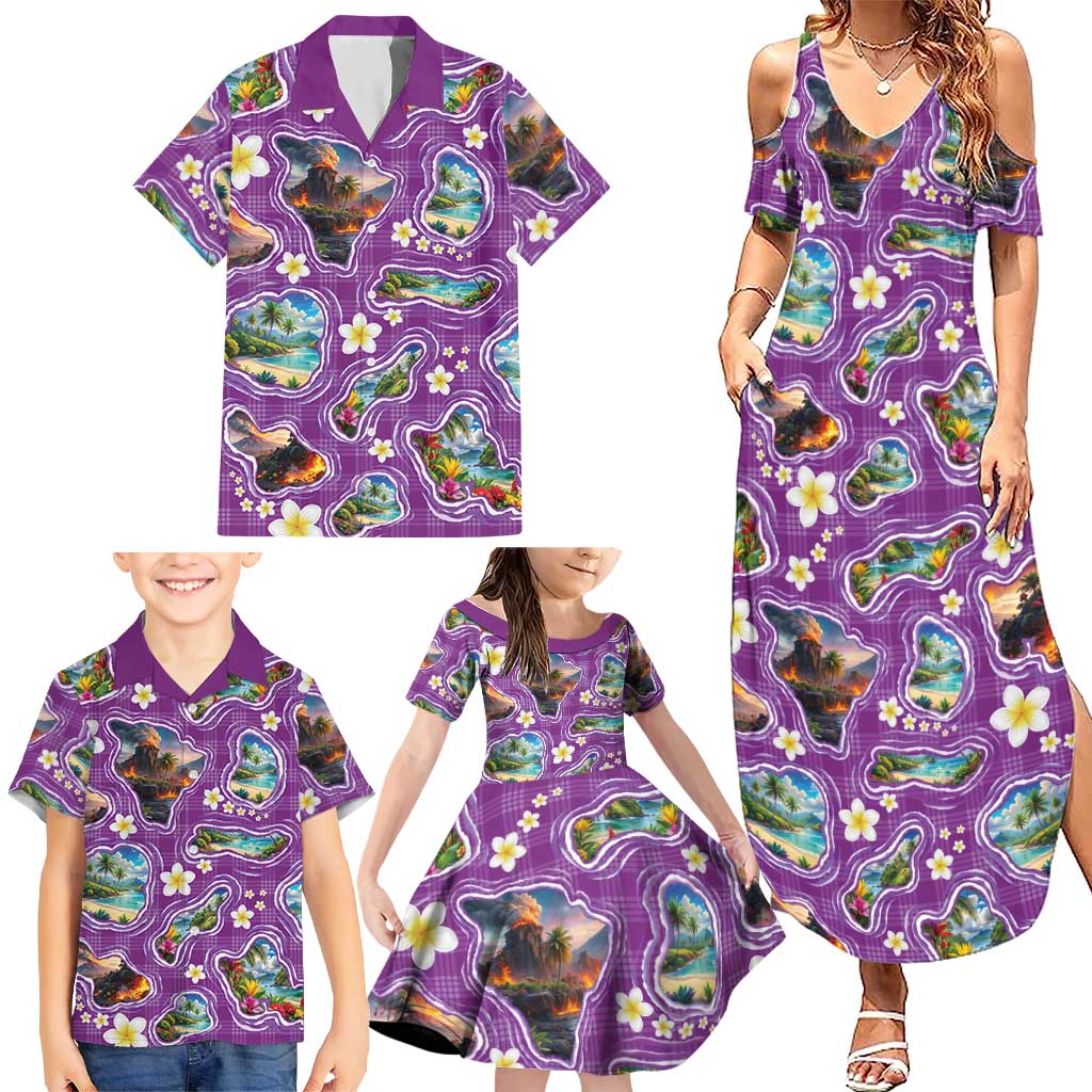 Hawaiian Island Shapes-Iconic Landscape Family Matching Summer Maxi Dress and Hawaiian Shirt with Plumeria and Palaka Purple Color LT03 - Polynesian Pride
