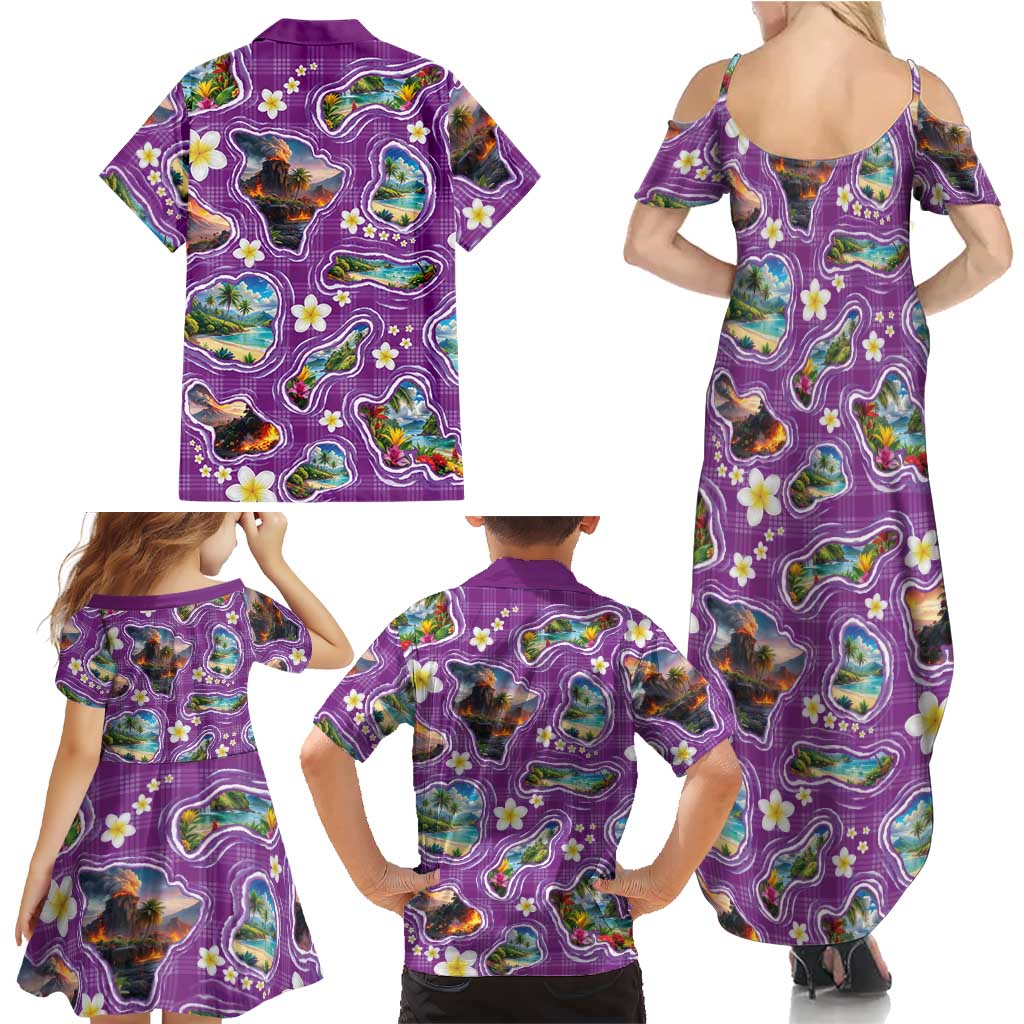 Hawaiian Island Shapes-Iconic Landscape Family Matching Summer Maxi Dress and Hawaiian Shirt with Plumeria and Palaka Purple Color LT03 - Polynesian Pride