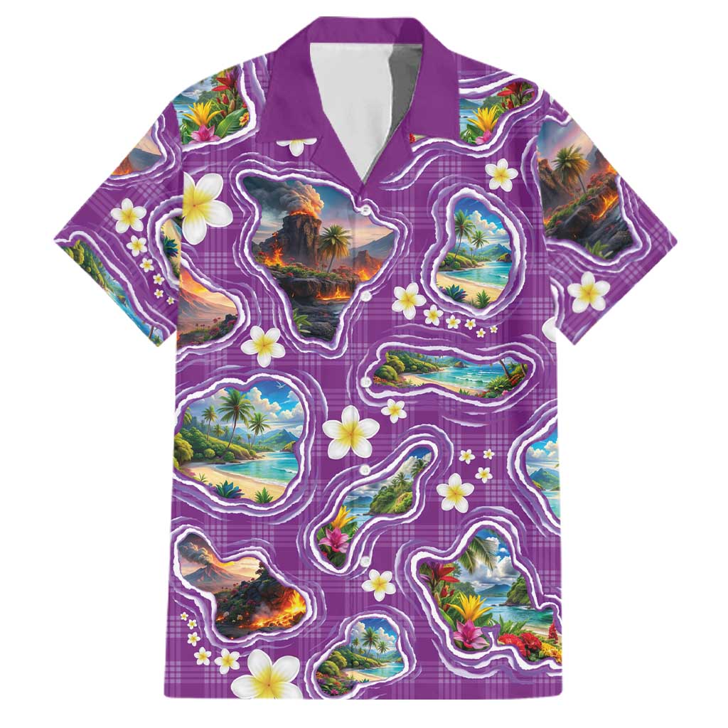 Hawaiian Island Shapes-Iconic Landscape Family Matching Summer Maxi Dress and Hawaiian Shirt with Plumeria and Palaka Purple Color LT03 Dad's Shirt - Short Sleeve Purple - Polynesian Pride
