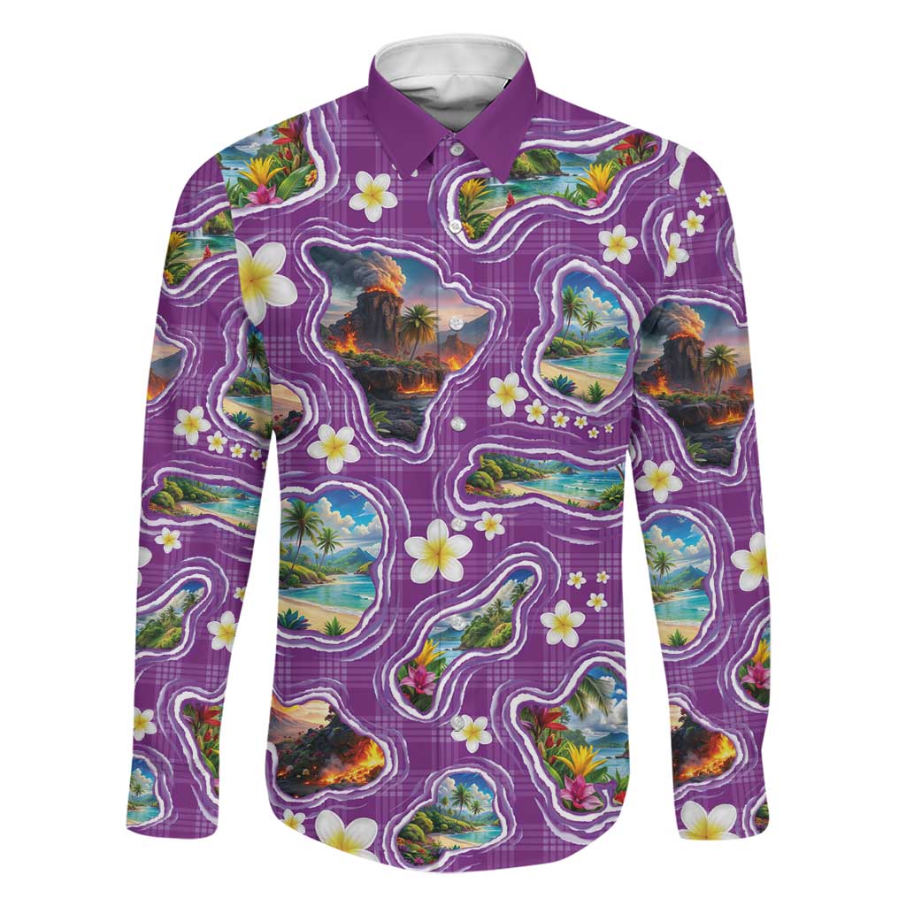 Hawaiian Island Shapes-Iconic Landscape Family Matching Summer Maxi Dress and Hawaiian Shirt with Plumeria and Palaka Purple Color LT03 Dad's Shirt - Long Sleeve Purple - Polynesian Pride