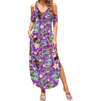 Hawaiian Island Shapes-Iconic Landscape Family Matching Summer Maxi Dress and Hawaiian Shirt with Plumeria and Palaka Purple Color LT03 Mom's Dress Purple - Polynesian Pride