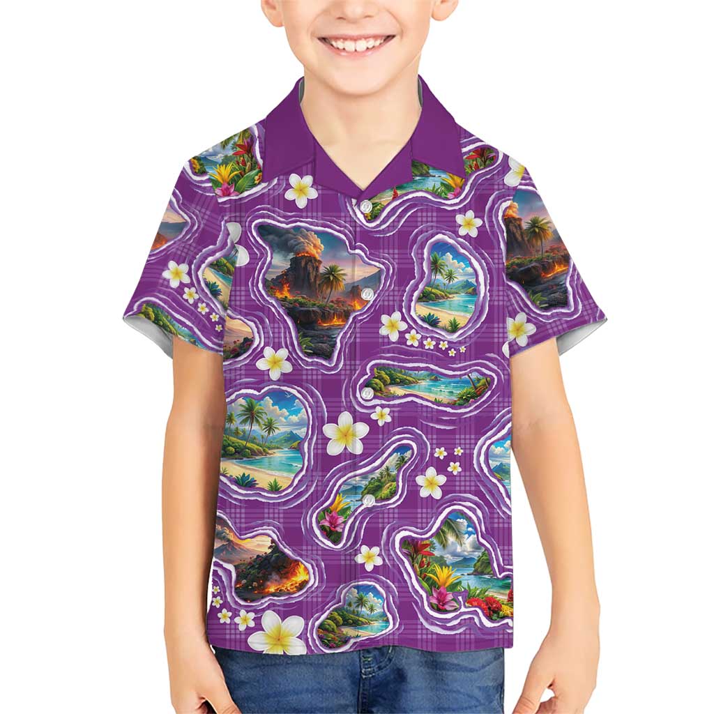 Hawaiian Island Shapes-Iconic Landscape Family Matching Summer Maxi Dress and Hawaiian Shirt with Plumeria and Palaka Purple Color LT03 Son's Shirt Purple - Polynesian Pride
