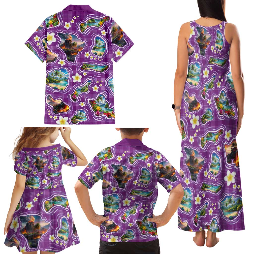 Hawaiian Island Shapes-Iconic Landscape Family Matching Tank Maxi Dress and Hawaiian Shirt with Plumeria and Palaka Purple Color LT03 - Polynesian Pride