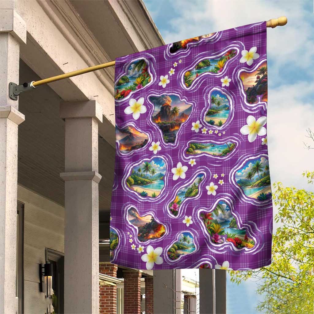 Hawaiian Island Shapes-Iconic Landscape Garden Flag with Plumeria and Palaka Purple Color LT03 House Flag Purple - Polynesian Pride