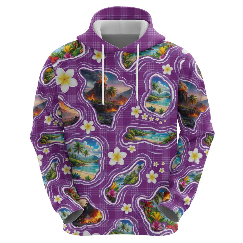 Hawaiian Island Shapes-Iconic Landscape Hoodie with Plumeria and Palaka Purple Color LT03 - Polynesian Pride