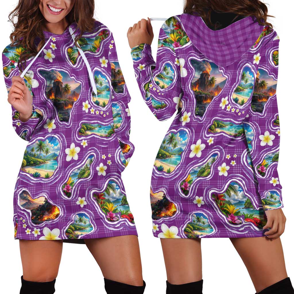 Hawaiian Island Shapes-Iconic Landscape Hoodie Dress with Plumeria and Palaka Purple Color LT03 - Polynesian Pride