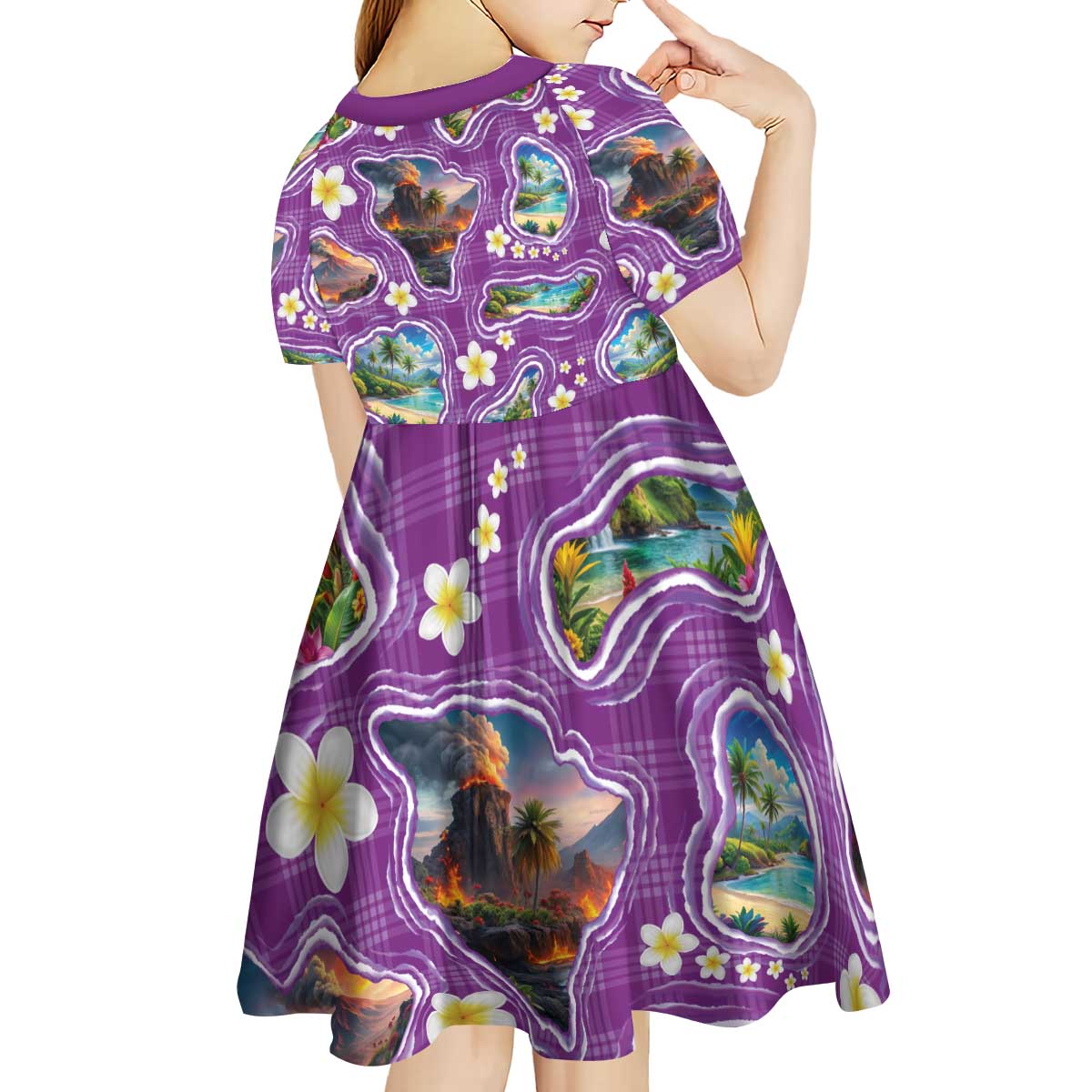 Hawaiian Island Shapes-Iconic Landscape Kid Short Sleeve Dress with Plumeria and Palaka Purple Color LT03 - Polynesian Pride