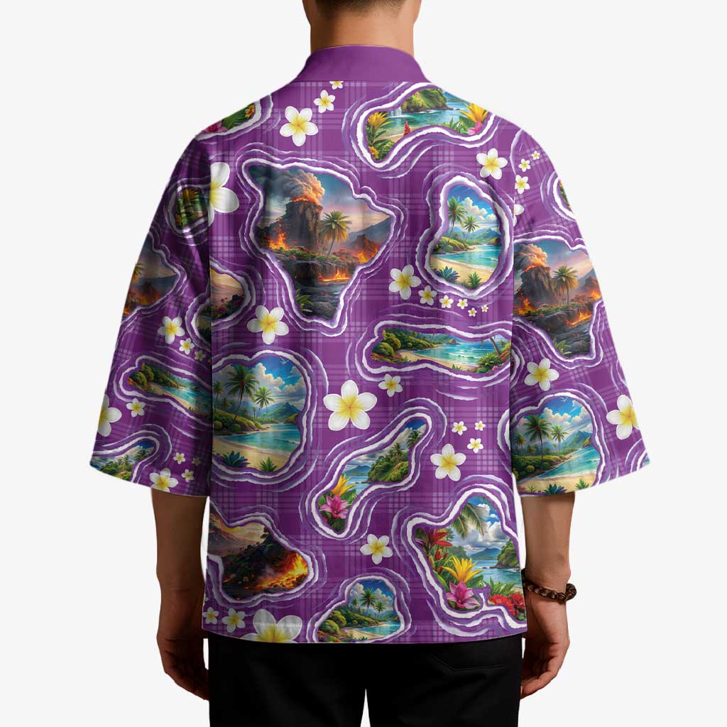 Hawaiian Island Shapes-Iconic Landscape Kimono with Plumeria and Palaka Purple Color
